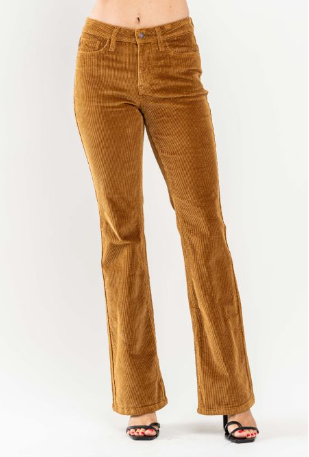 Judy Blue Jeans mid rise tan corduroy bootcut pants with 9.75" rise and 32.5" inseam