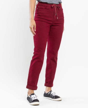 High-waisted crimson Judy Blue Jeans 88727 pull-on jogger with double cuff and drawstring waist