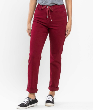 High-waisted crimson Judy Blue Jeans 88727 pull-on jogger with double cuff and drawstring waist
