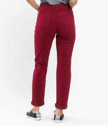 High waisted crimson Judy Blue Jeans 88727 pull on double cuff jogger pants with back pockets and rolled cuffs