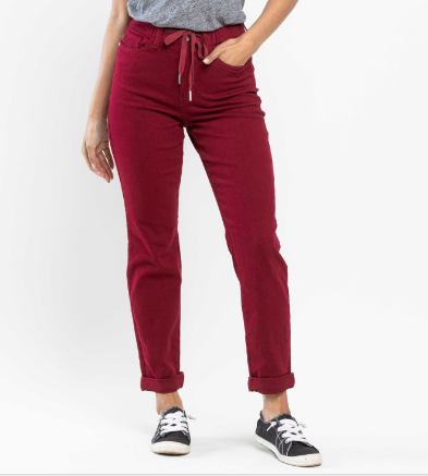 High waisted crimson pull on double cuff jogger by Judy Blue Jeans with 11" rise and 28"/31" inseam in cotton blend fabric
