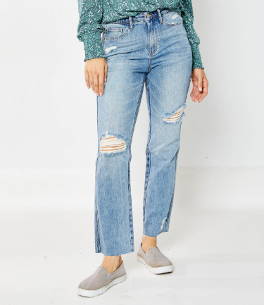 Judy Blue Jeans 88736, high-waisted, destroyed light wash, straight leg.
