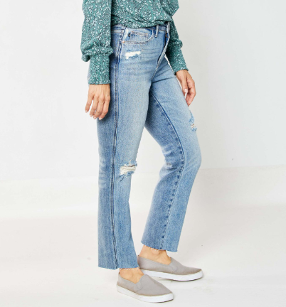 Judy Blue Jeans 88736 high-waisted light wash straight leg with distressed details.