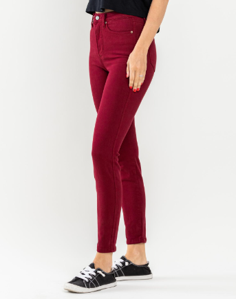 Judy Blue high waist tummy control crimson skinny jeans with 11-inch rise and 29-inch inseam