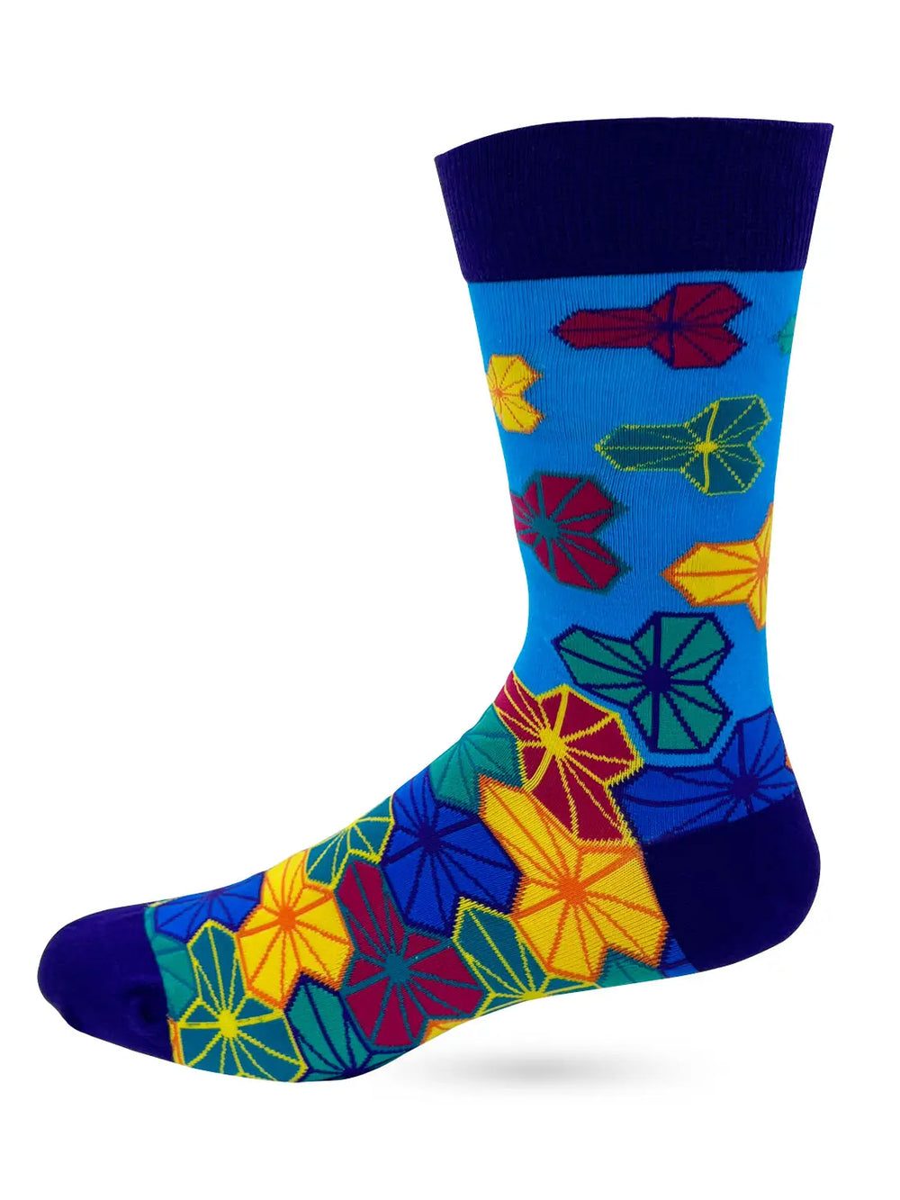 Men's novelty crew socks with colorful geometric pattern and bold "Gonna Get S*** Done… Later" text, comfortable and stylish for everyday wear