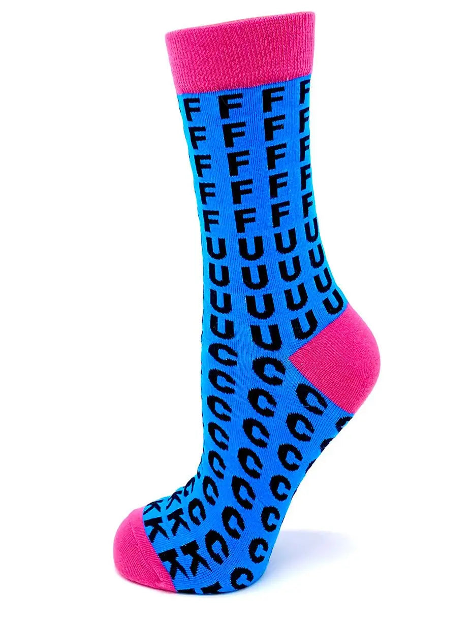 Bold blue and pink women's crew socks with repeated "F" letters design, comfortable and stylish.