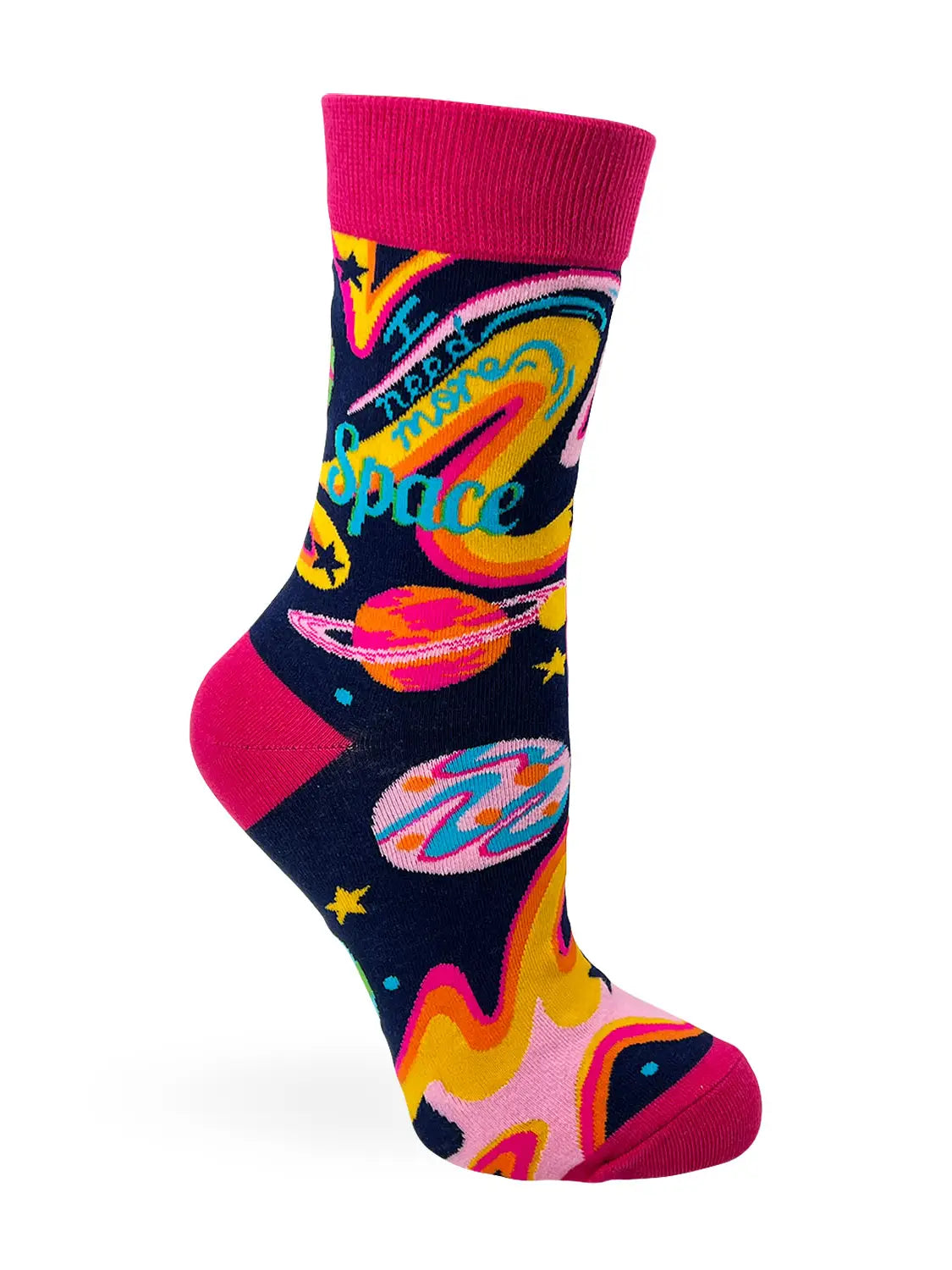 Women's novelty crew sock with colorful outer space design and "I Need More Space" text
