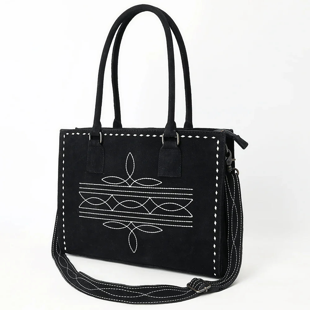 American Darling Tote ADBG1553B in genuine suede leather with adjustable strap and antique metal fittings.