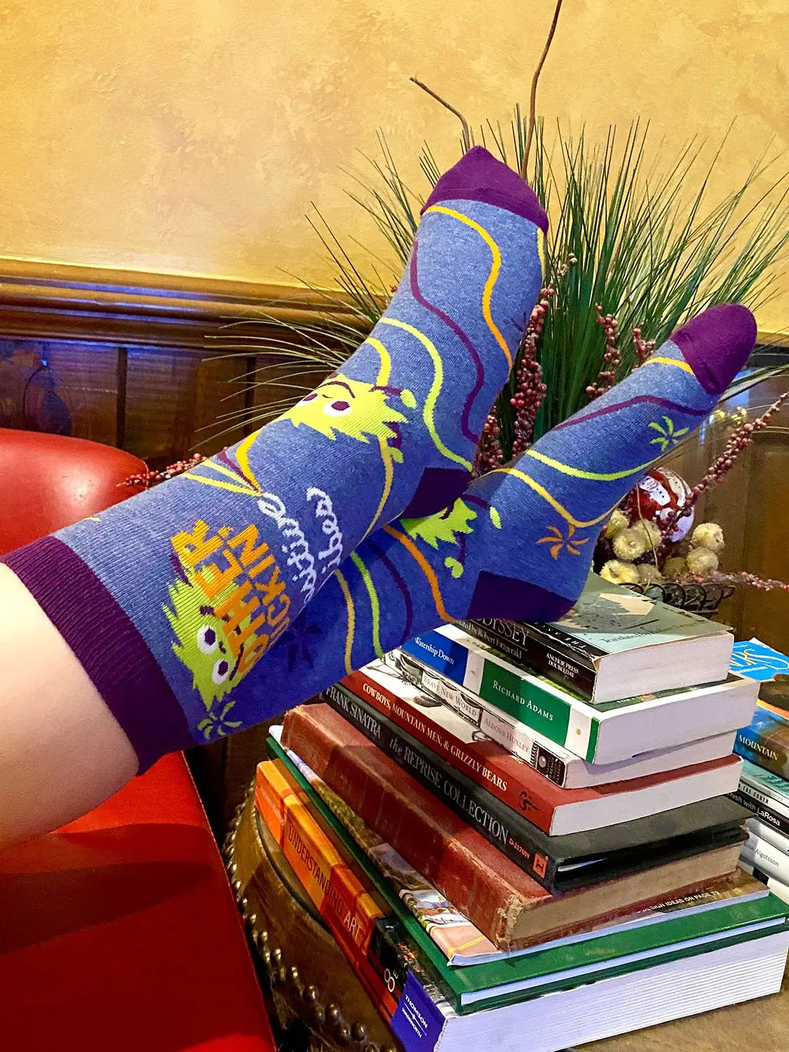 Colorful women's crew socks with "Mother F***in' Positive Vibes" text and playful design, cotton blend, size 5-10