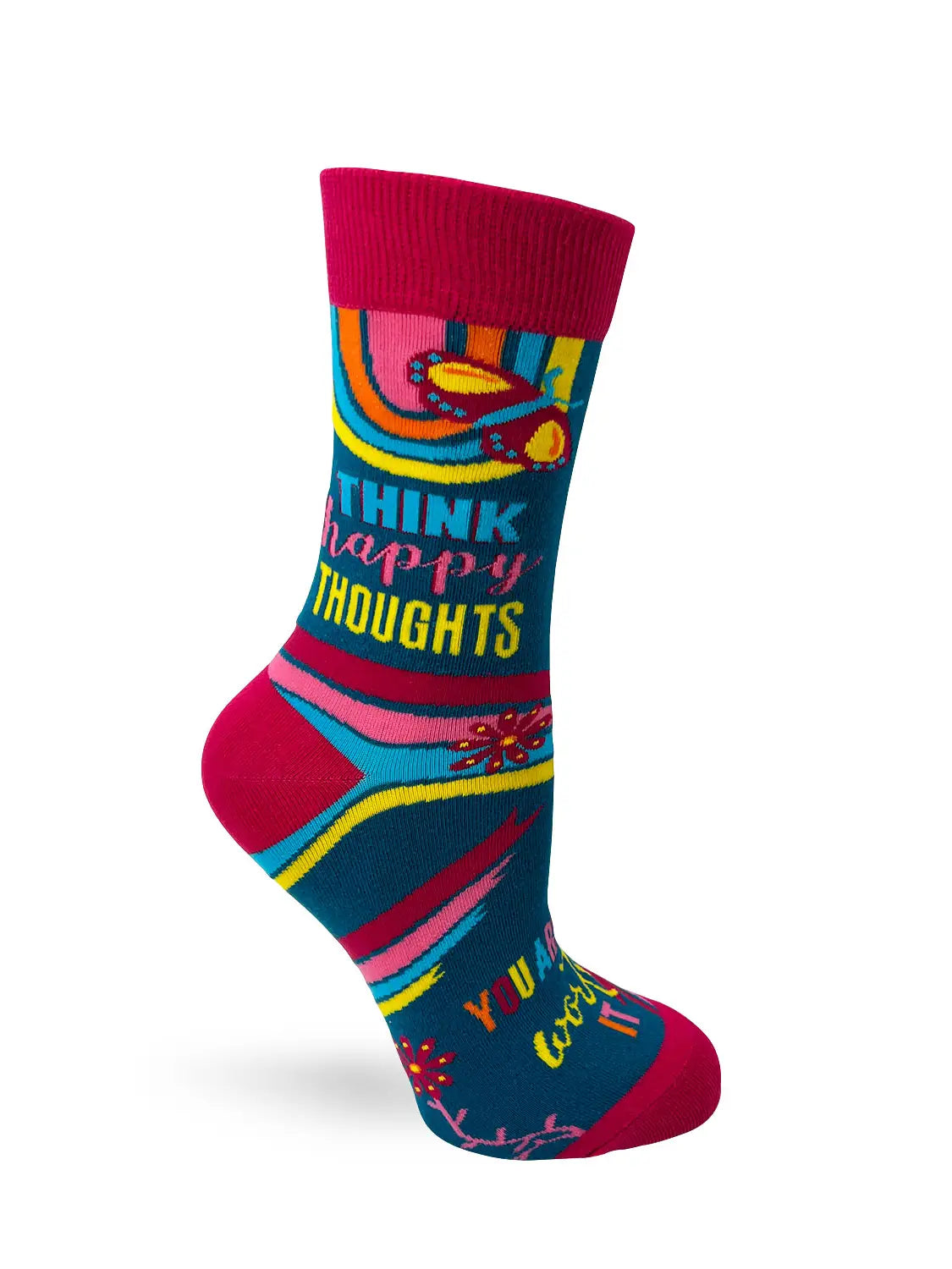 Colorful women's crew socks with uplifting "Think Happy Thoughts" message, rainbows, and butterflies design