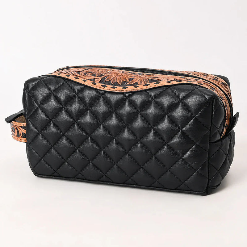American Darling Toiletry Bag in black quilted leather with floral embossed top and zipper closure