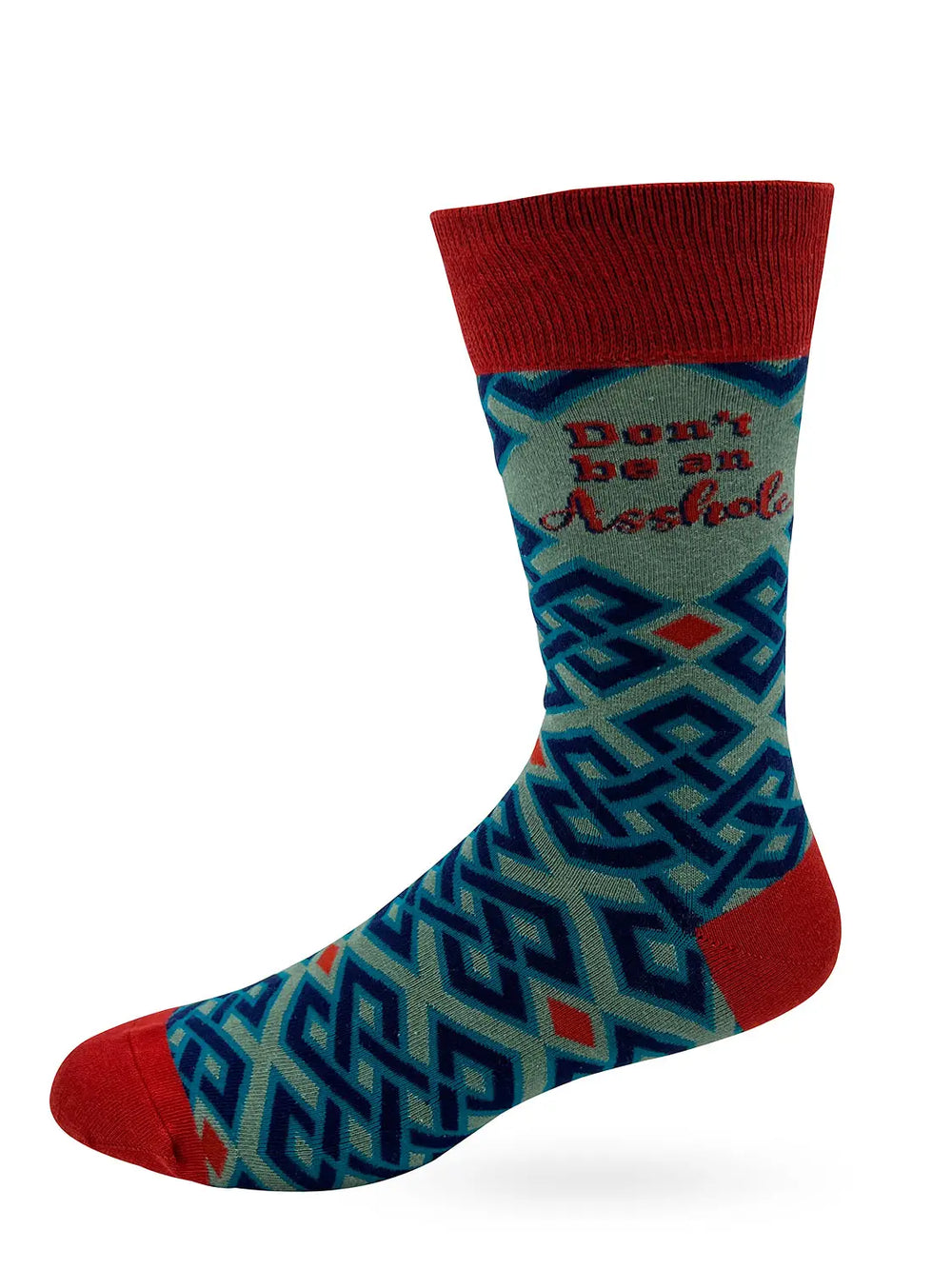 Men's novelty crew sock with geometric pattern and "Don't Be An Asshole" text, red cuff and toe, fits men's shoe size 7-12