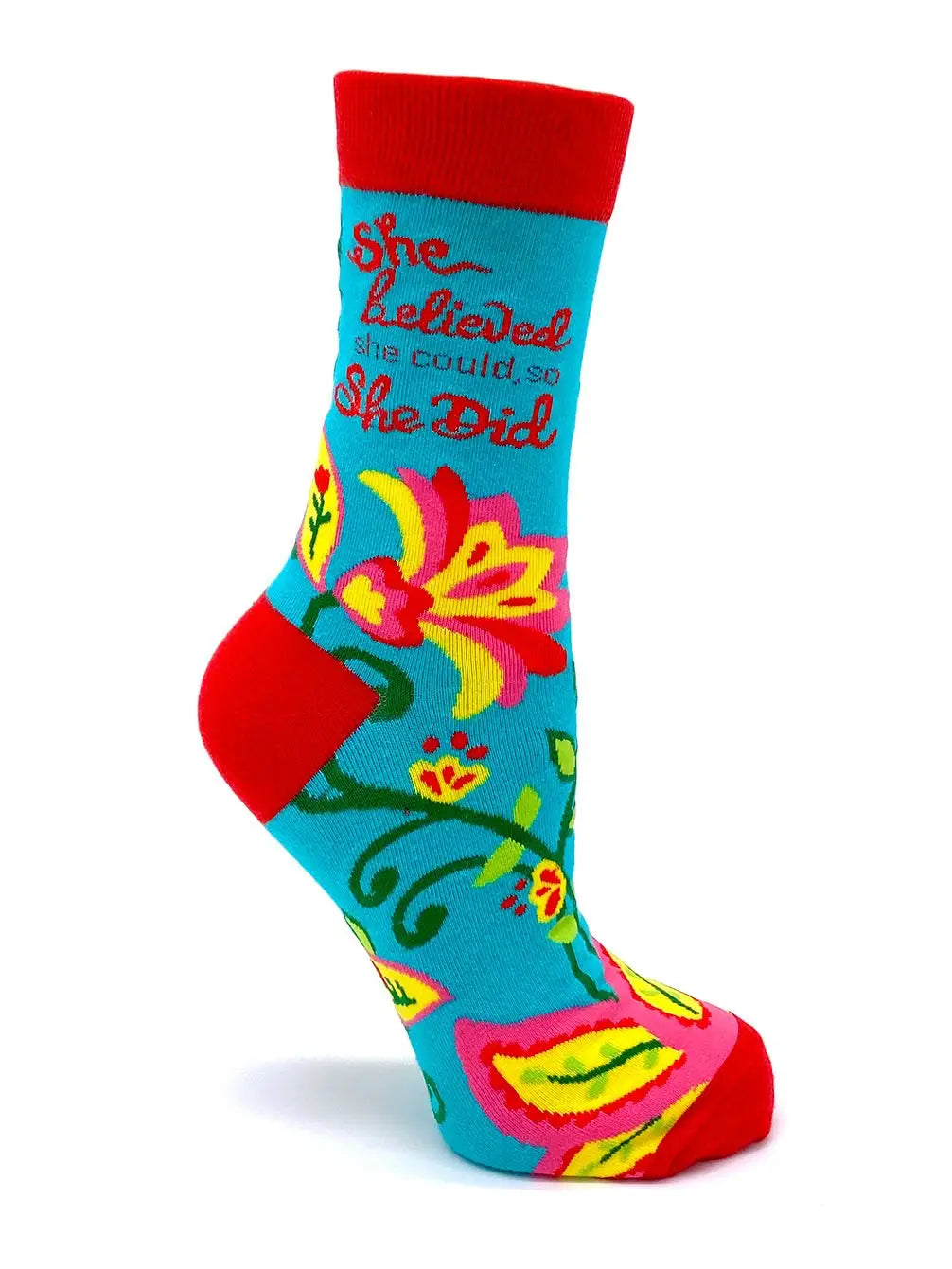 Women's colorful crew socks with "She Believed She Could, So She Did" text and floral design, comfortable cotton blend