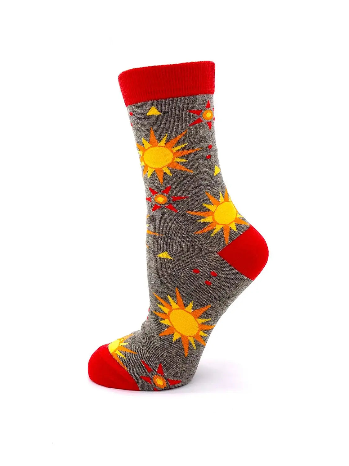Women's crew socks with yellow sun patterns on gray background and red cuff, heel, and toe, featuring the phrase "I'm a Ray of F***in' Sunshine" for bold and sassy style