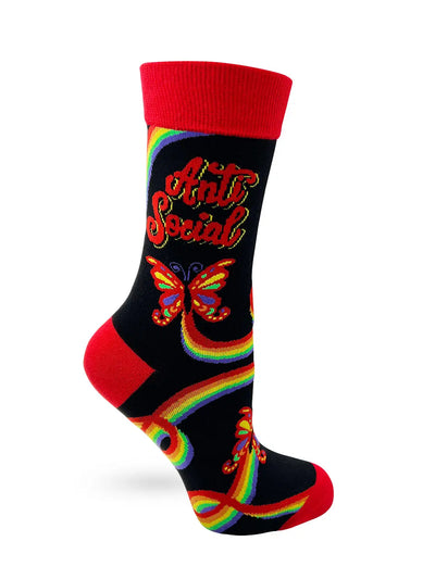 Black women's crew sock with red cuff, heel, and toe, featuring "Anti Social" text and colorful butterfly and rainbow design