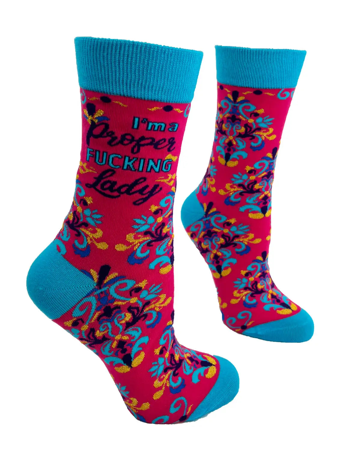 Colorful women's crew socks with blue cuff, heel, and toe featuring an intricate damask pattern and bold 