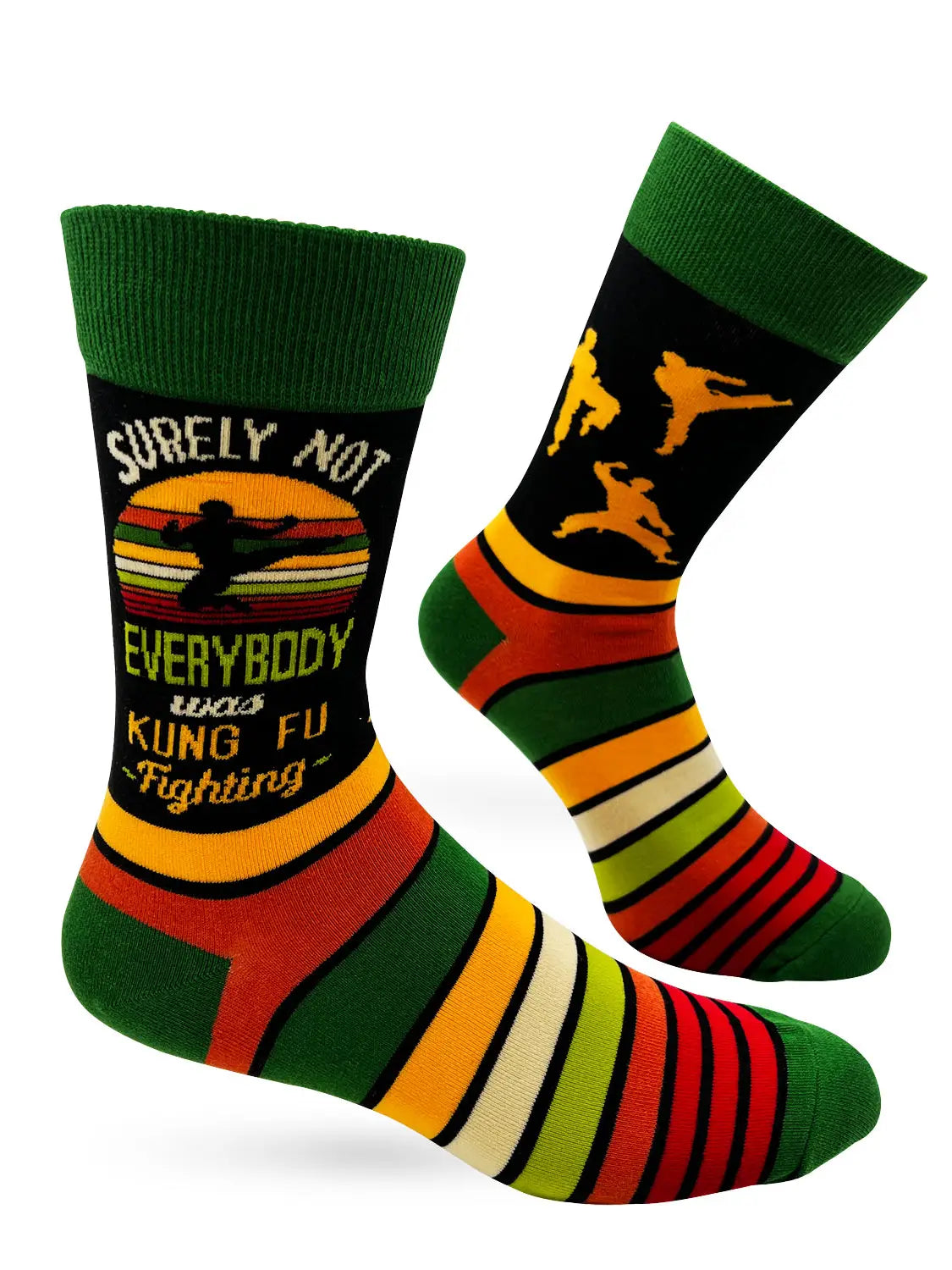 Men's novelty crew socks with "Surely Not Everybody Was Kung Fu Fighting" text and colorful striped design