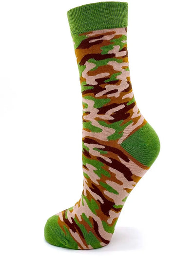 Green and brown camouflage crew sock for Proud US Army Mom with contrasting green cuff, heel, and toe.
