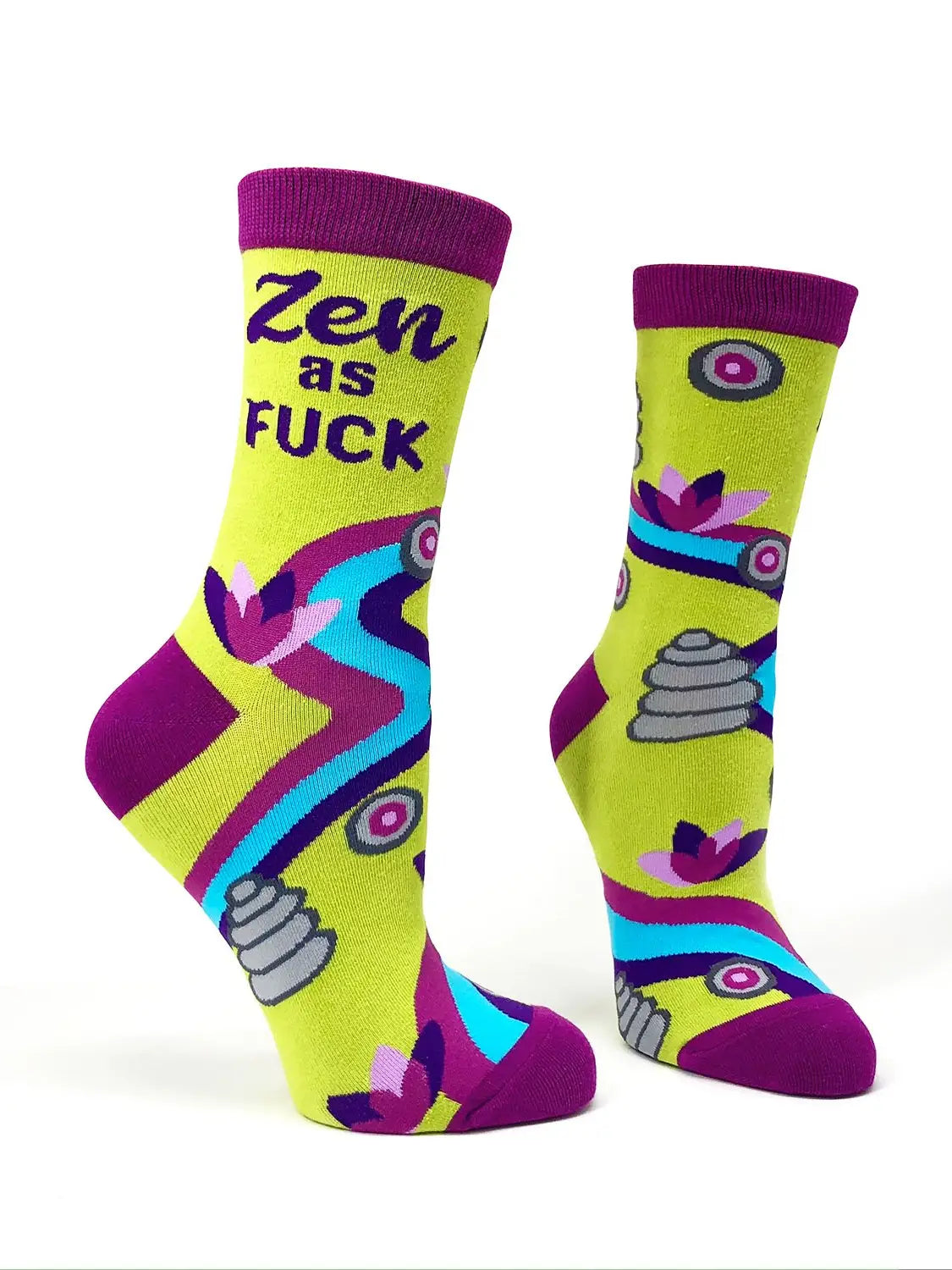Colorful women's crew sock with purple accents and abstract Zen-inspired design, comfortable and stylish fit for shoe sizes 5 to 10.