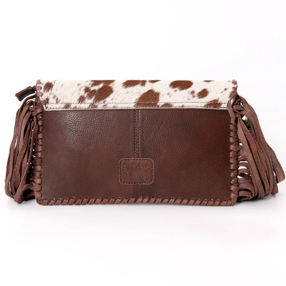 American Darling small crossbody messenger bag with cowhide leather, fringes, and adjustable strap.