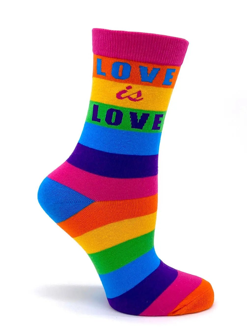 Colorful rainbow "Love is Love" women's crew sock with bold pride design