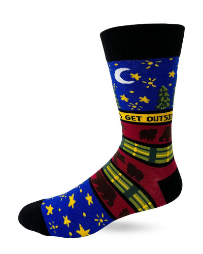 Men's novelty crew socks with bear and nature design, "Adventure Awaits – Get Outside" message, breathable cotton blend, perfect for outdoor activities.