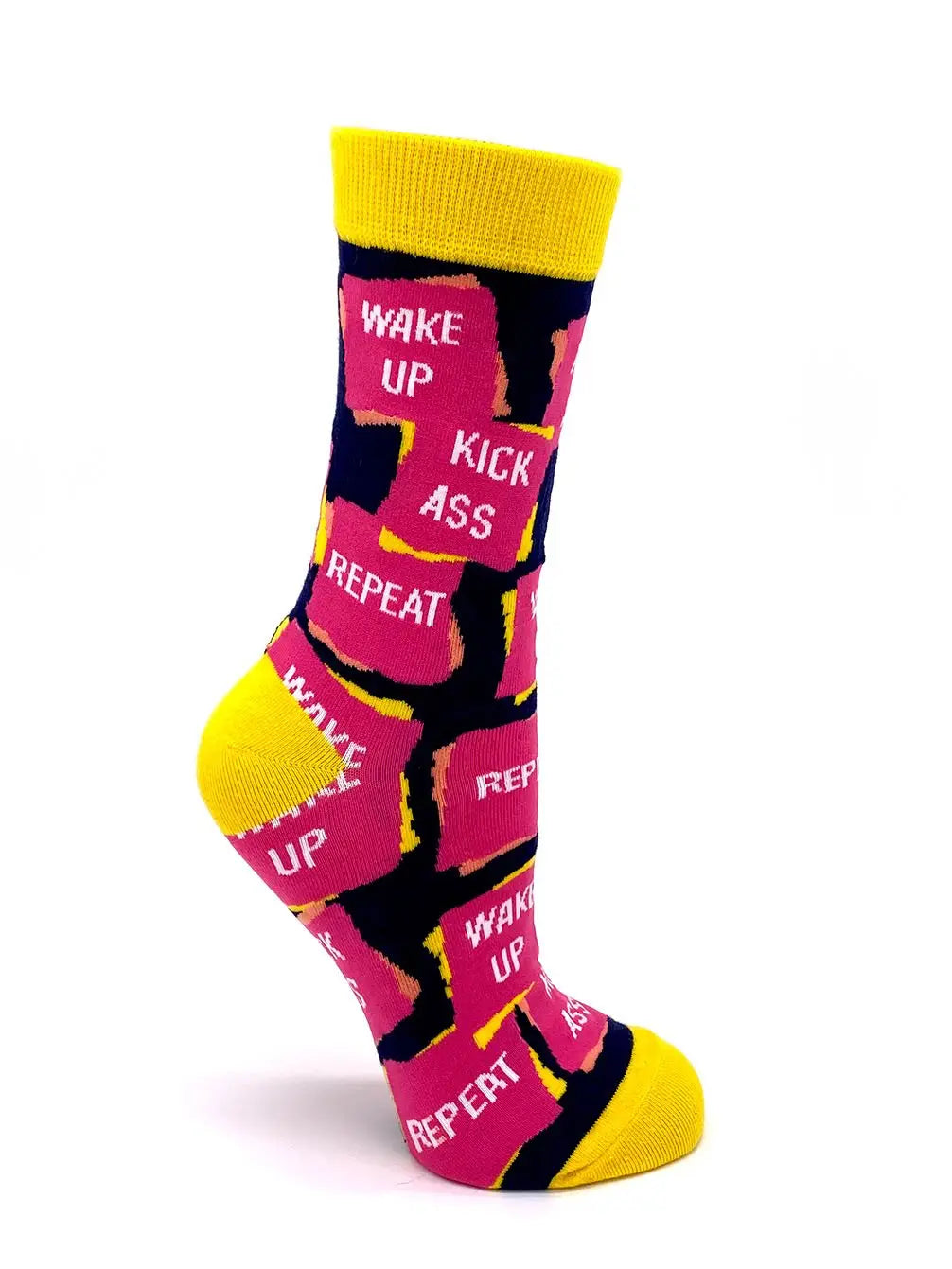 Women's crew socks with "Wake Up Kick Ass Repeat" motivational text, yellow accents, and comfortable cotton blend.