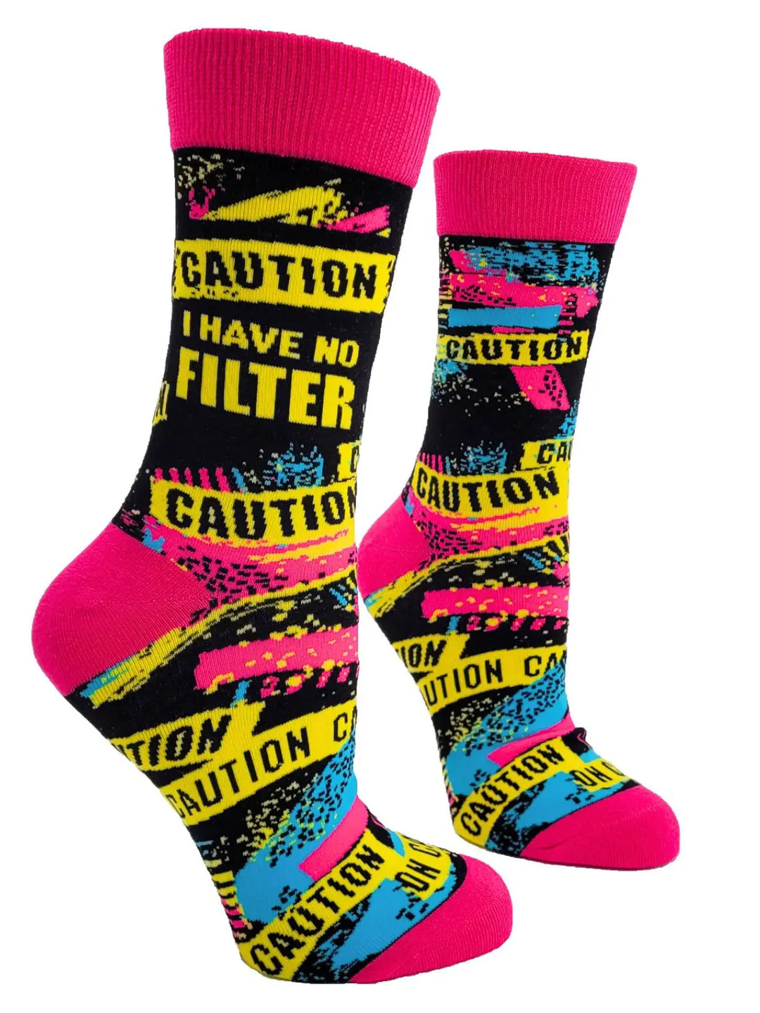 Women's crew socks with bold "Caution I Have No Filter" text, colorful caution tape design, pink accents, made of cotton blend, fits shoe sizes 5-10