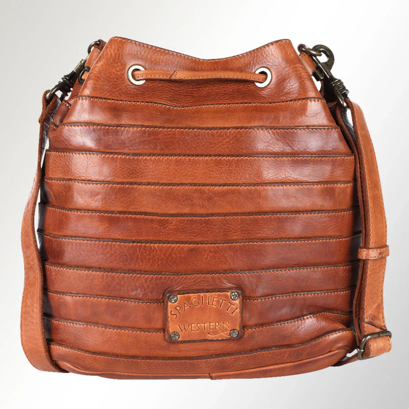 Premium Spaghetti Western Tote Handbag in authentic full grain leather with adjustable strap and antique metal fittings.