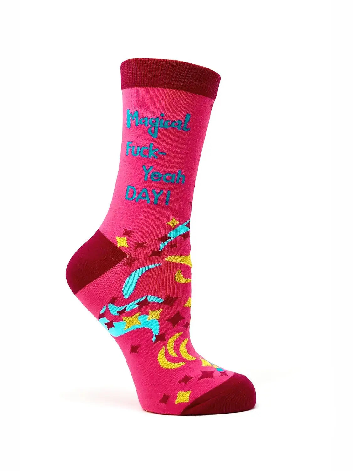 Bright pink women's crew socks with "Magical F***-Yeah Day!" text and colorful star and moon patterns, stylish and comfortable design.