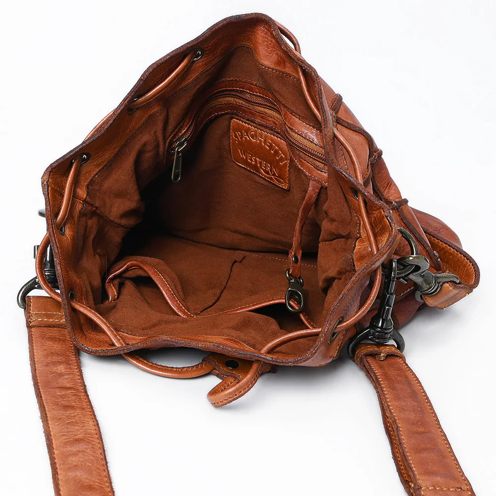 Spaghetti Western Bucket Bag SWC177CG open interior view, handcrafted leather hobo handbag.