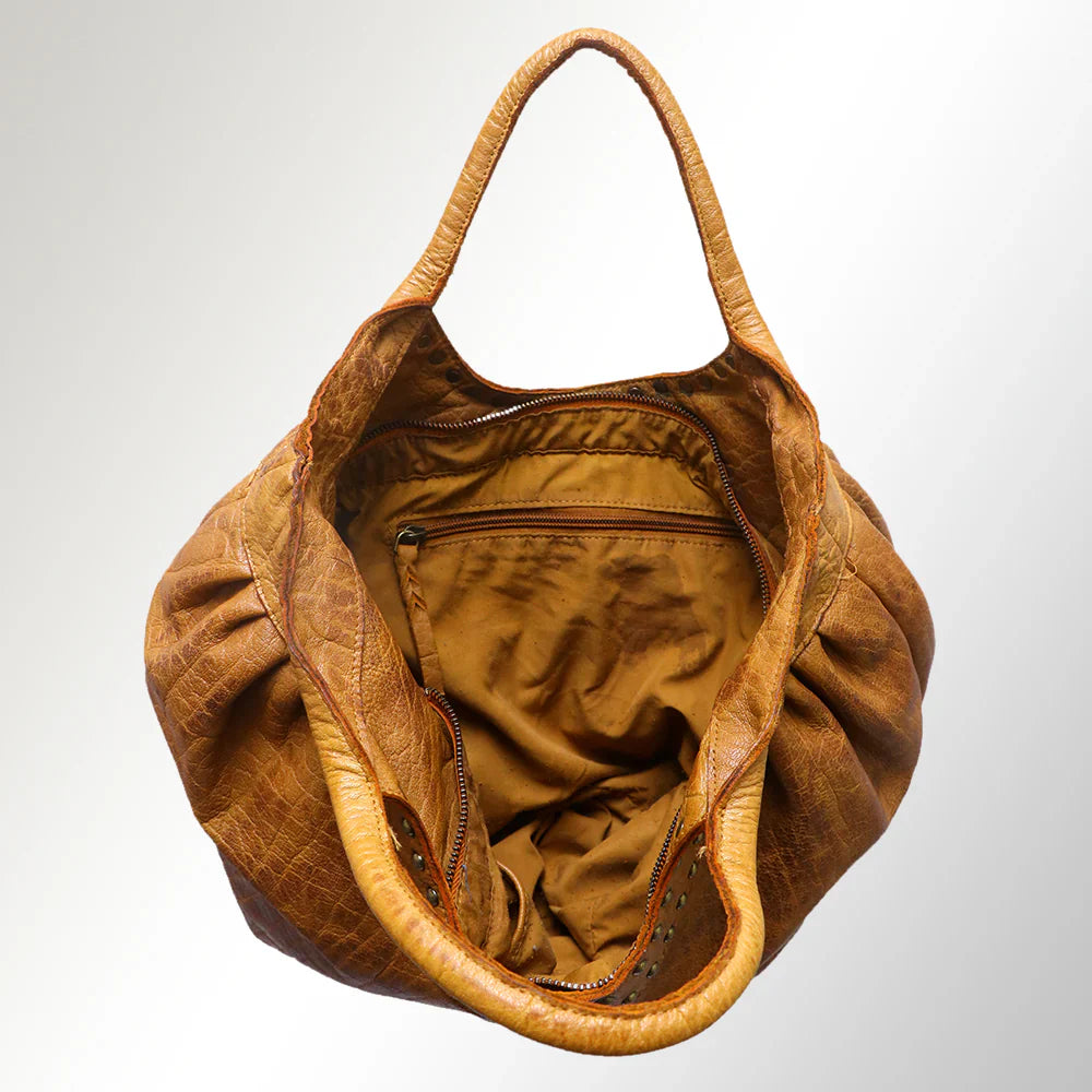 Premium leather Mind Tote NMBGM101D with YKK zipper, decorative rivets, 13.5x17x5 inches.