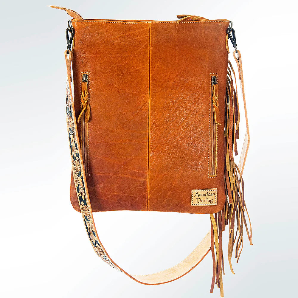American Darling Chaps Bag ADBG464 brown leather crossbody with fringe and floral strap