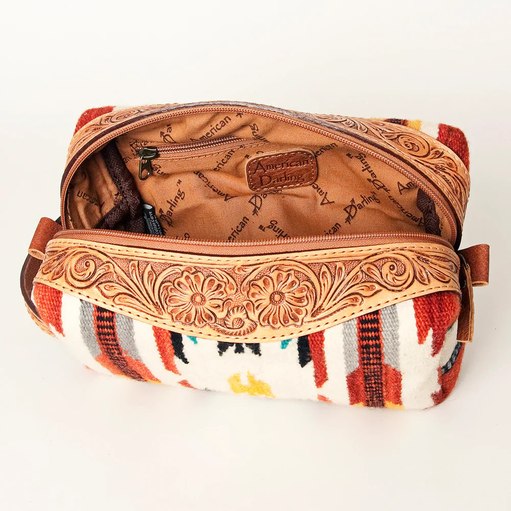 American Darling Toiletry Bag ADBG995 with floral tooled leather and southwestern pattern interior