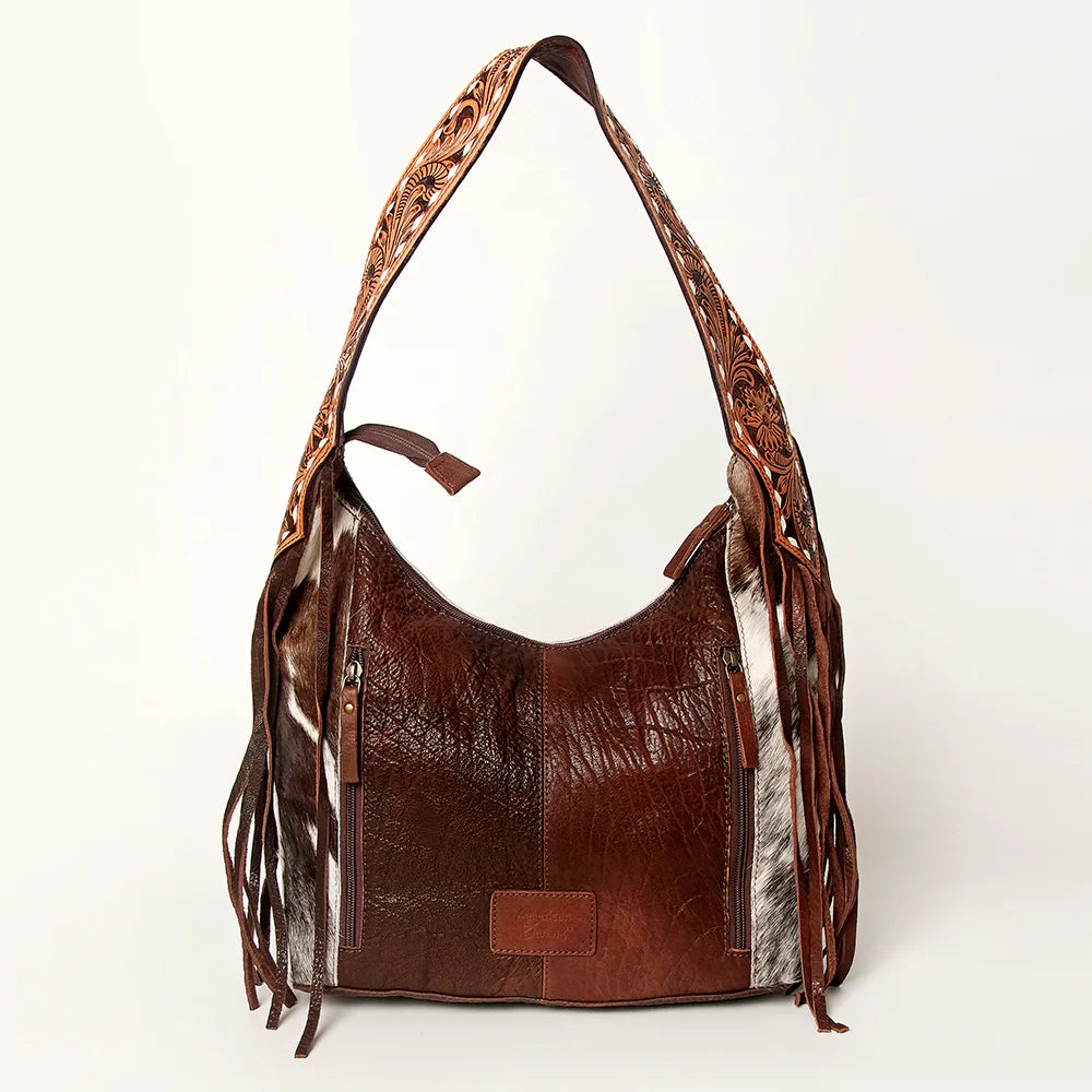 American Darling Hobo Bag ADBGA214B with cowhide leather, fringes, and adjustable strap.