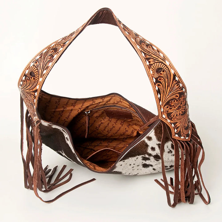 American Darling Hobo Bag ADBGA214B with cowhide leather, fringes, and hand-tooled strap.