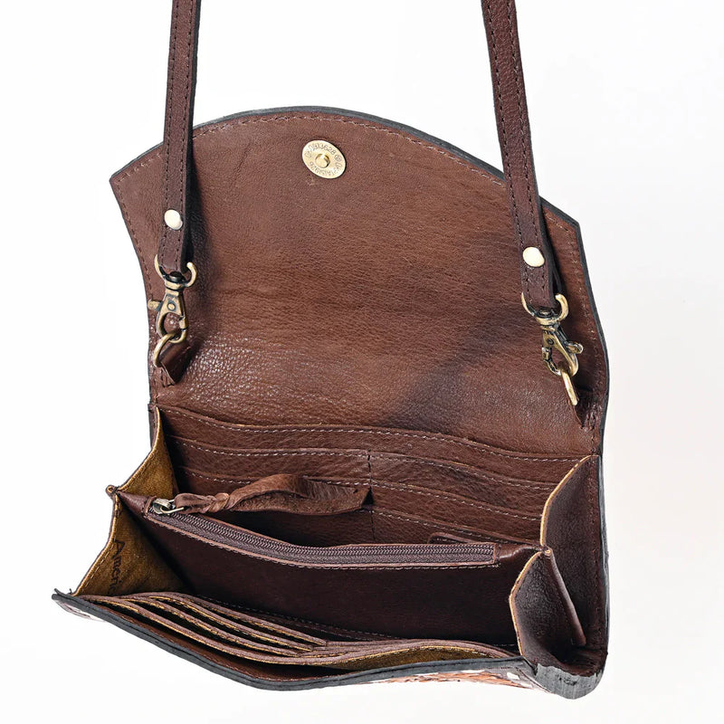 American Darling Clutch ADBGA383 brown leather open interior with card slots and zipper pocket