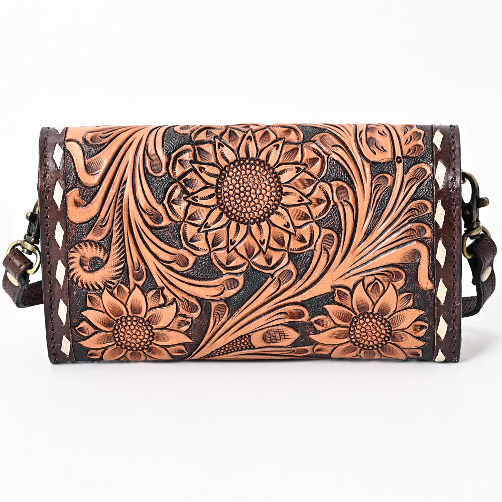 American Darling Clutch ADBGA383 brown leather with floral embossed design and detachable strap