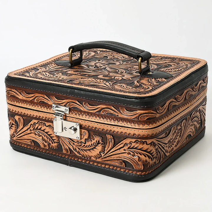 American Darling Jewelry Case in hand-tooled American genuine cowhide leather with intricate carved antique finish and durable YKK zipper closure