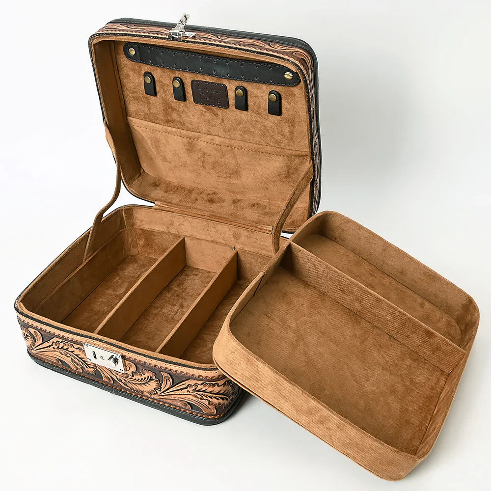 American Darling Jewelry Case in hand-tooled genuine cowhide leather with compartments and secure YKK zipper closure