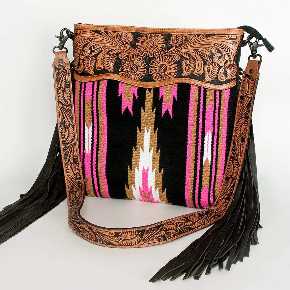American Darling Crossbody Messenger Bag ADBGZ228 with embossed leather floral design, colorful woven fabric, and black leather fringe accents