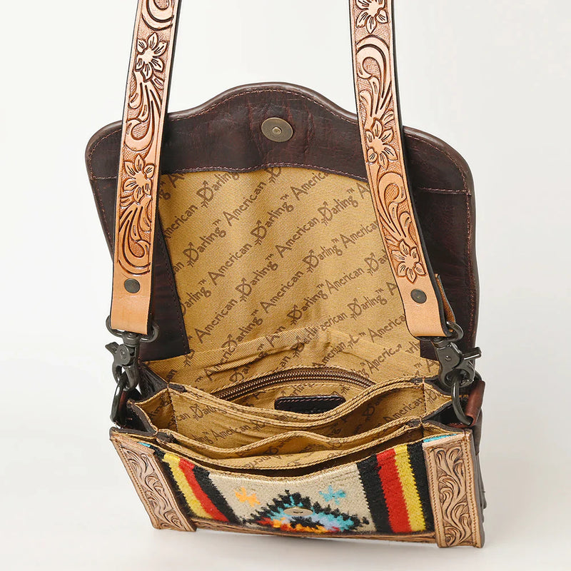 American Darling Purse Handbag ADBGZ592B with embossed leather straps and patterned fabric front, interior compartments with branded lining.