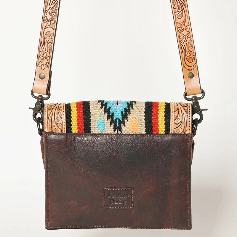 American Darling Purse Handbag ADBGZ592B brown leather with colorful woven flap and embossed floral strap 6x9x5 inch bag