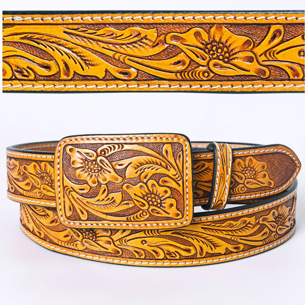 Handmade Vintage Yellow Brown Floral Tooled Leather Mens Belt Carved L