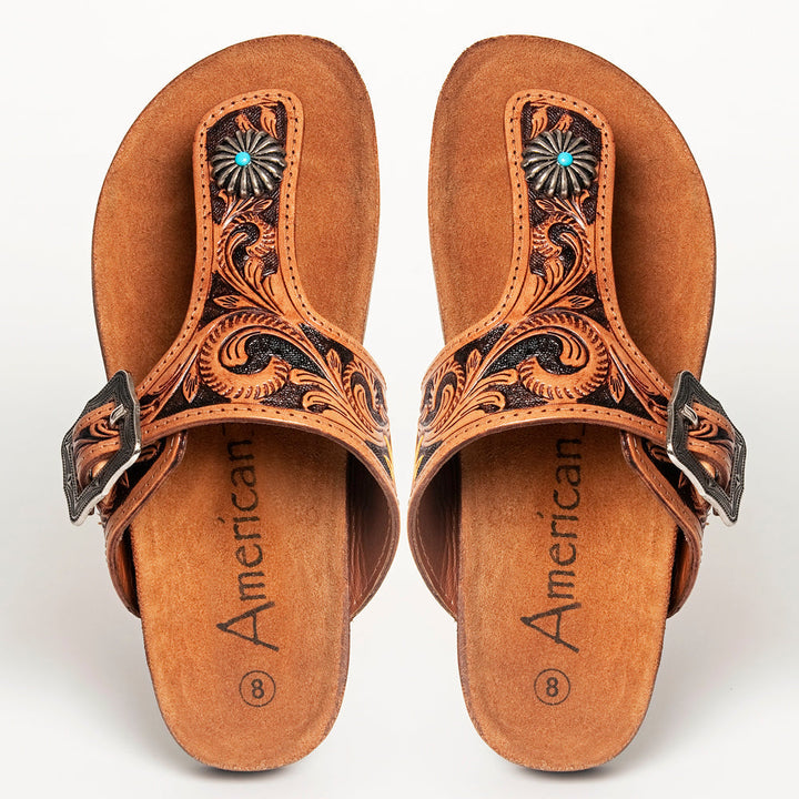 Handmade American Darling Shoes ADFTE105 with detailed floral embossing and turquoise accent on brown leather sandals