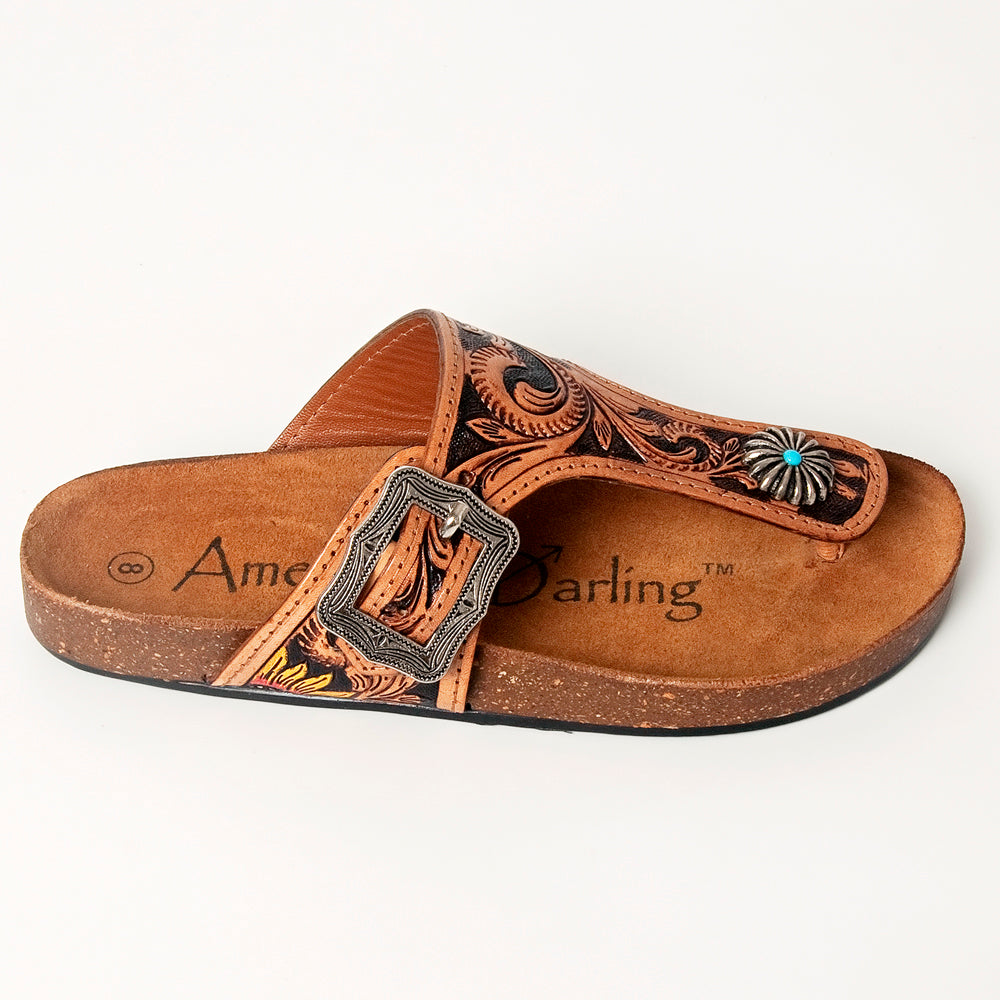 American Darling handmade brown leather slide sandal with decorative buckle and turquoise accent