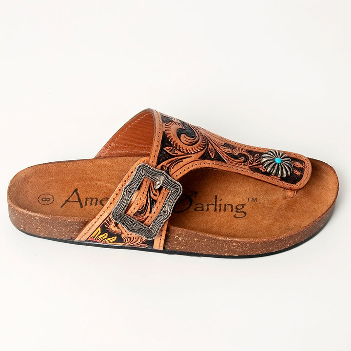 American Darling handmade brown leather slide sandal with decorative buckle and turquoise accent