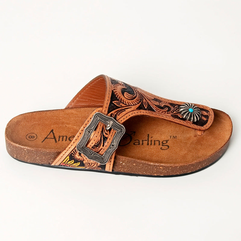 American Darling handmade brown leather slide sandal with decorative buckle and turquoise accent