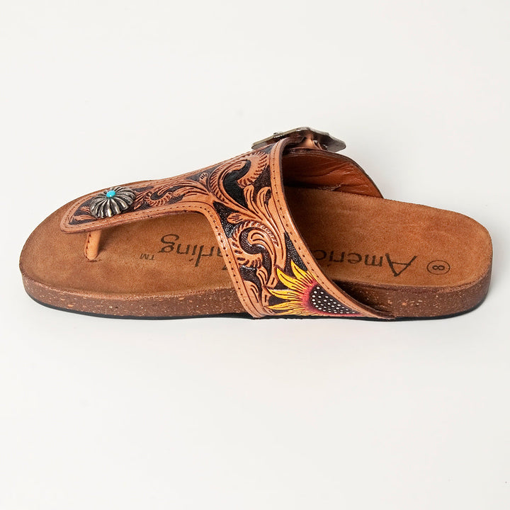 Brown leather American Darling Shoes ADFTE105 with floral and turquoise concho design, slip-on sandal style