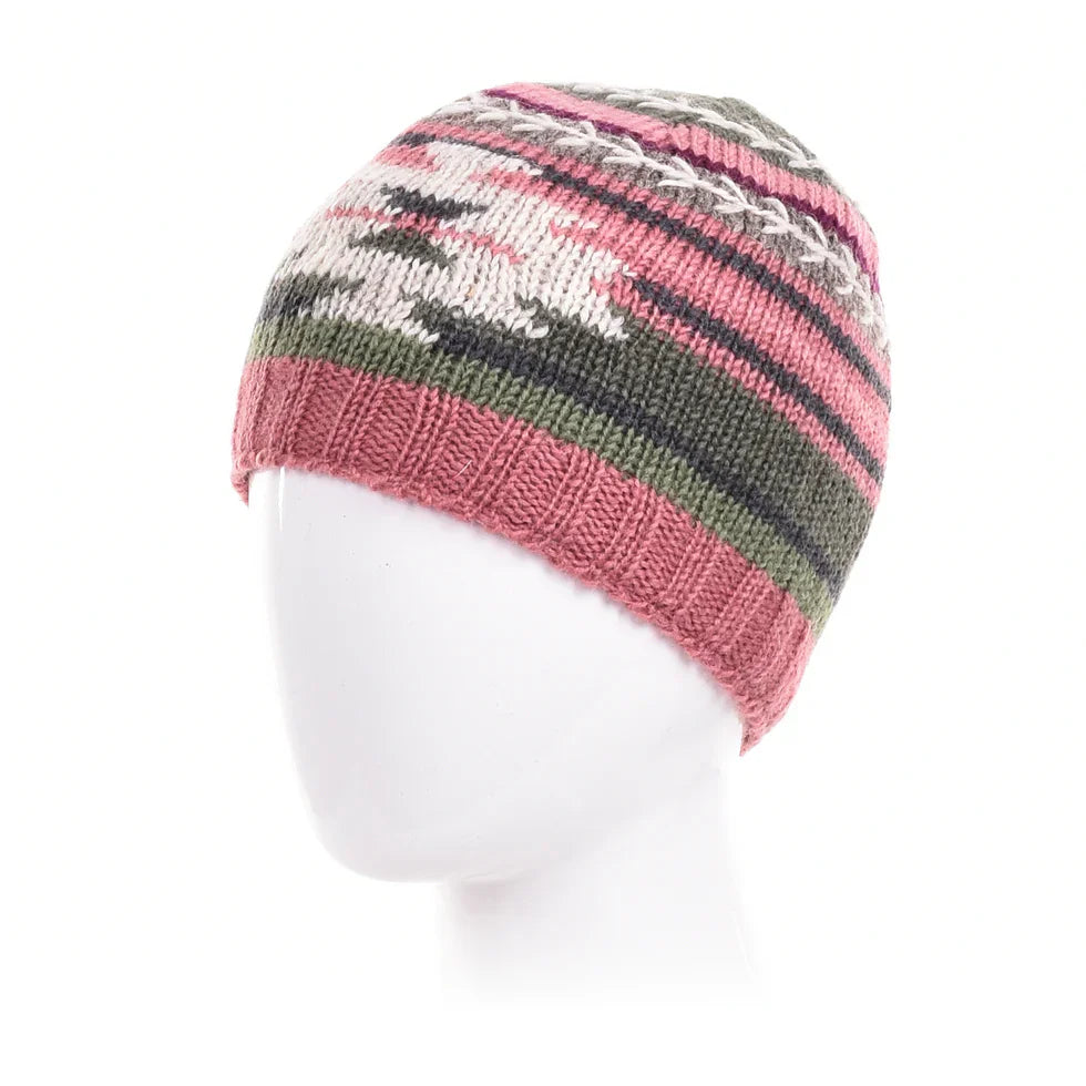 Blake Beanie Hat handcrafted wool knit with Aztec-inspired patterns and feather stitch embroidery in pink and green tones